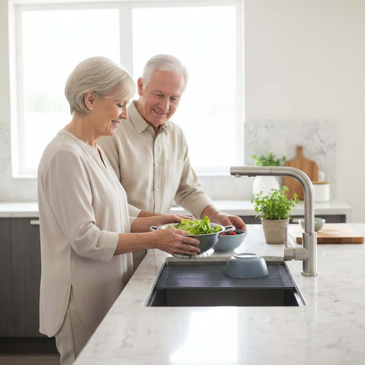 Couple preparing food at the Stylish Azuni 25" Workstation Stainless Steel Undermount Sink with integrated accessories.