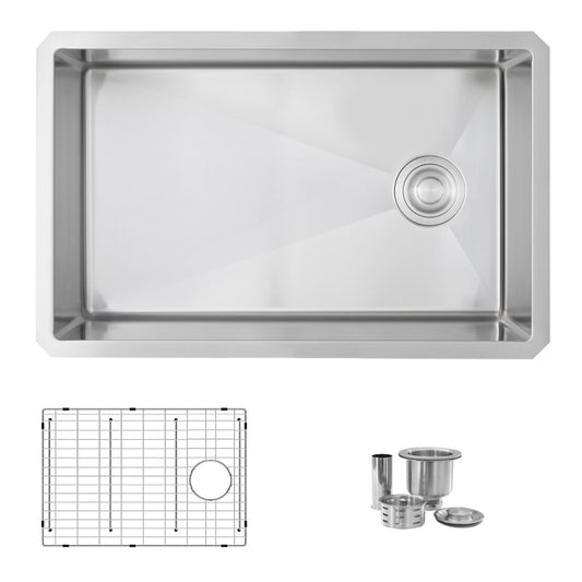 Stylish Azuni 28" stainless steel sink showing included accessories