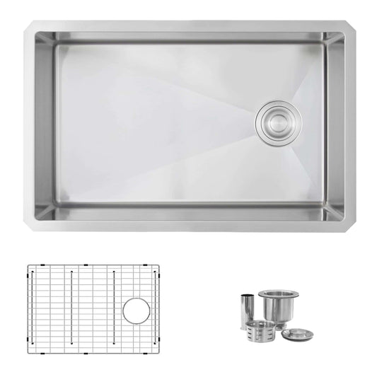 Stylish Azuni 28" Stainless Steel Undermount Kitchen Sink top view with accessories including a grid and strainers.