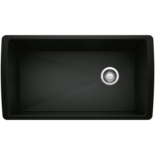 BLANCO Diamond SILGRANIT 33" Super Single Undermount Kitchen Sink in black finish with a spacious basin and drain.