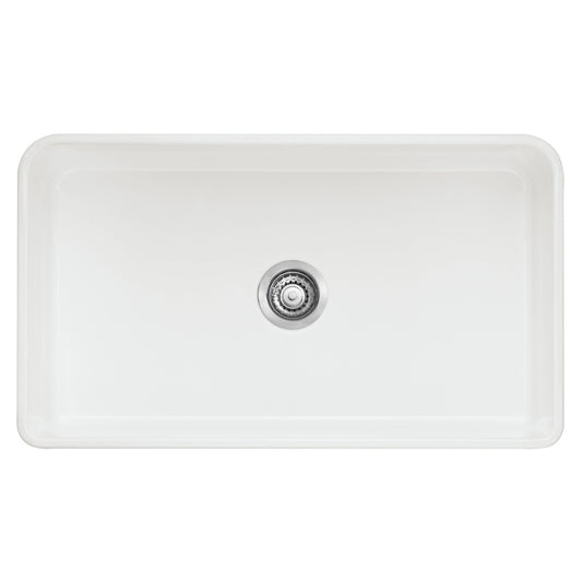 Cerana 33" Fireclay Single Bowl Apron-Front Farmhouse Sink - White top view with round drain.