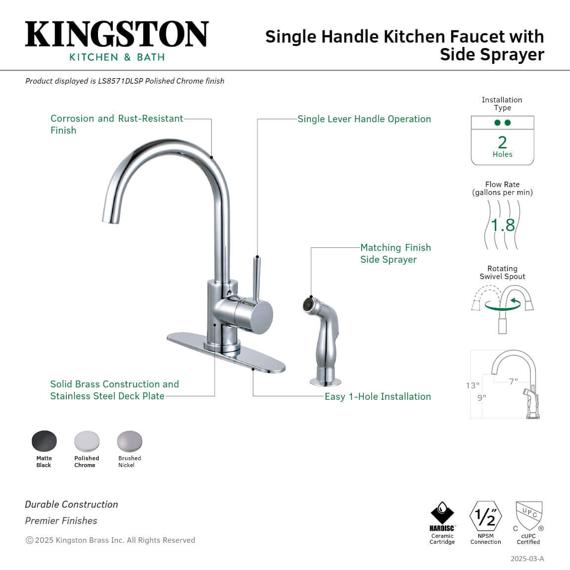 Kingston Brass LS8578DLSP Concord Single-Handle Kitchen Faucet with Side Sprayer, Brushed Nickel right side view with features highlighted