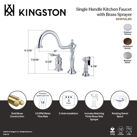Kingston Brass KS1818ALBS Heritage Single-Handle Widespread Kitchen Faucet with Brass Sprayer, Brushed Nickel