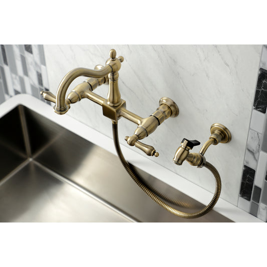 Kingston KS1263ALBS Heritage Two-Handle Wall Mount Bridge Kitchen Faucet with Brass Sprayer, Antique Brass