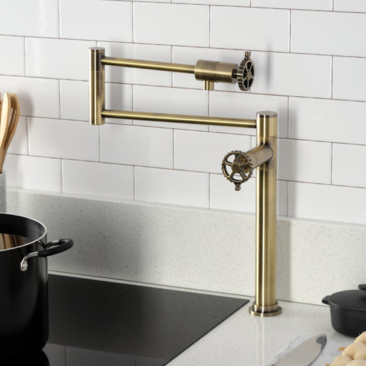 Kingston Brass KS4703CG Fuller Deck Mount Pot Filler Faucet, Antique Brass installed in a modern kitchen.