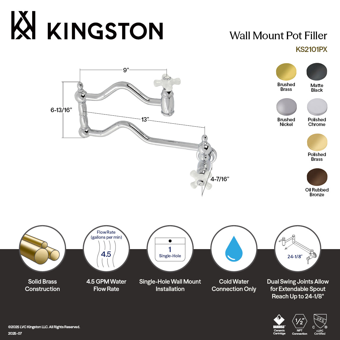 Kingston Brass KS2107PX Heritage Wall Mount Pot Filler Faucet, Brushed Brass technical diagram and measurements.