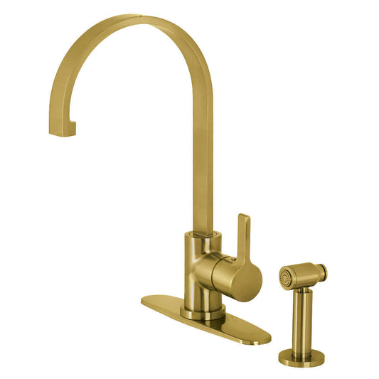 Kingston Brass LS8713CTLBS Continental Kitchen Faucet with Brass Side Sprayer, high-arc gooseneck angle view.