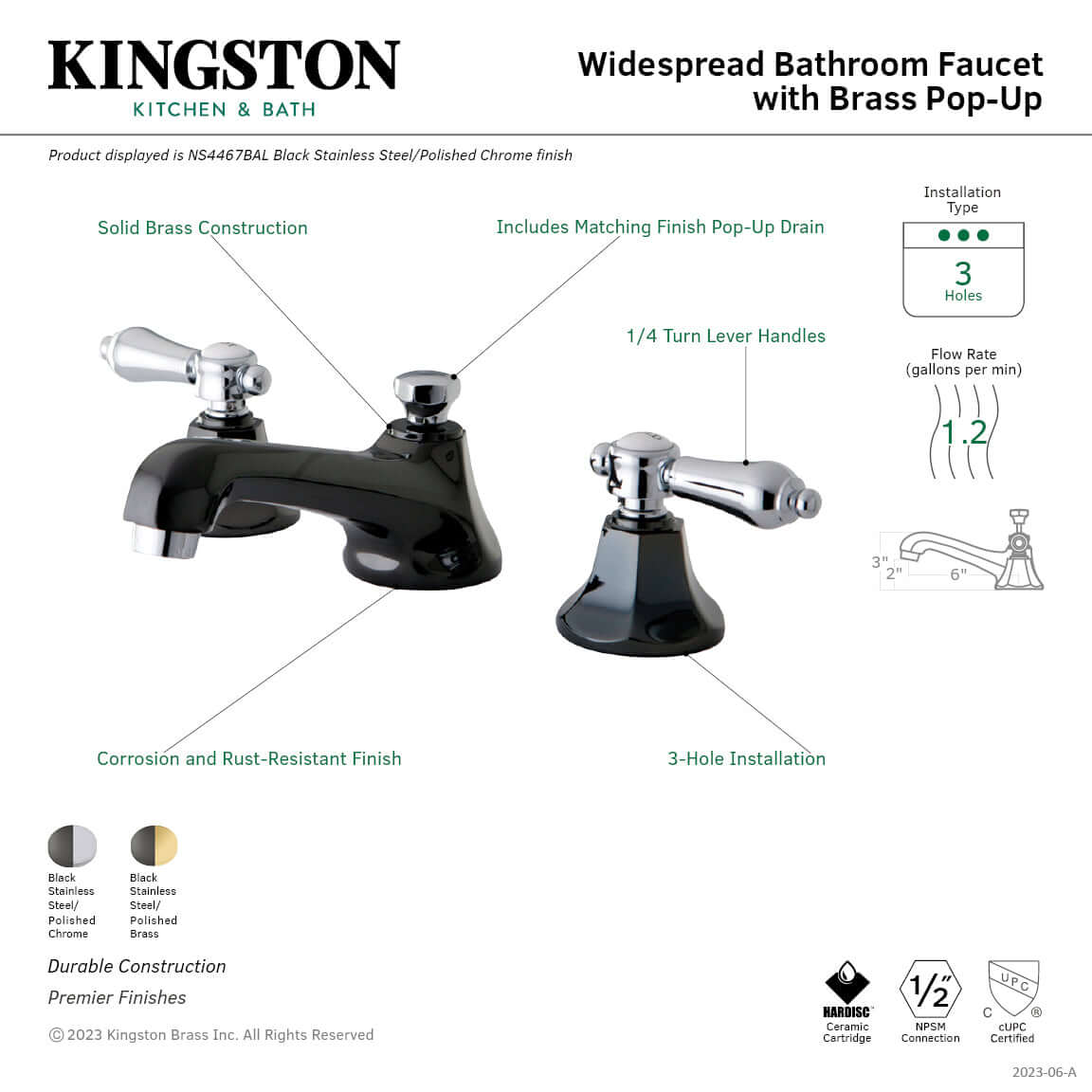 Kingston Brass NS4469BAL Water Onyx Widespread Bathroom Faucet left side view with dual lever handles.