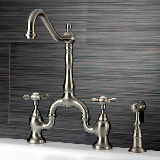 Kingston KS7758BEXBS Essex Bridge Kitchen Faucet with Brass Sprayer, Brushed Nickel