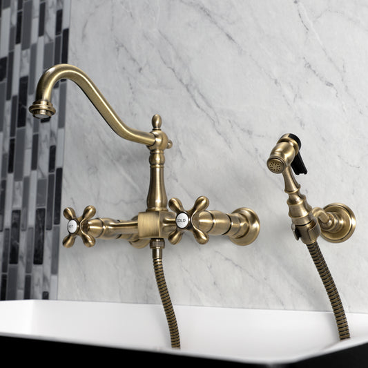 Kingston KS1243AXBS Heritage Two-Handle Wall Mount Bridge Kitchen Faucet with Brass Sprayer, Antique Brass