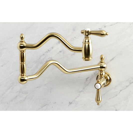 Kingston Brass KS2107BAL Heirloom Wall Mount Pot Filler Faucet, Brushed Brass on a marble background.