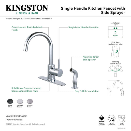 Kingston Brass LS8578DLSP Concord Single-Handle Kitchen Faucet with Side Sprayer, Brushed Nickel, right side view, showcasing single lever operation.