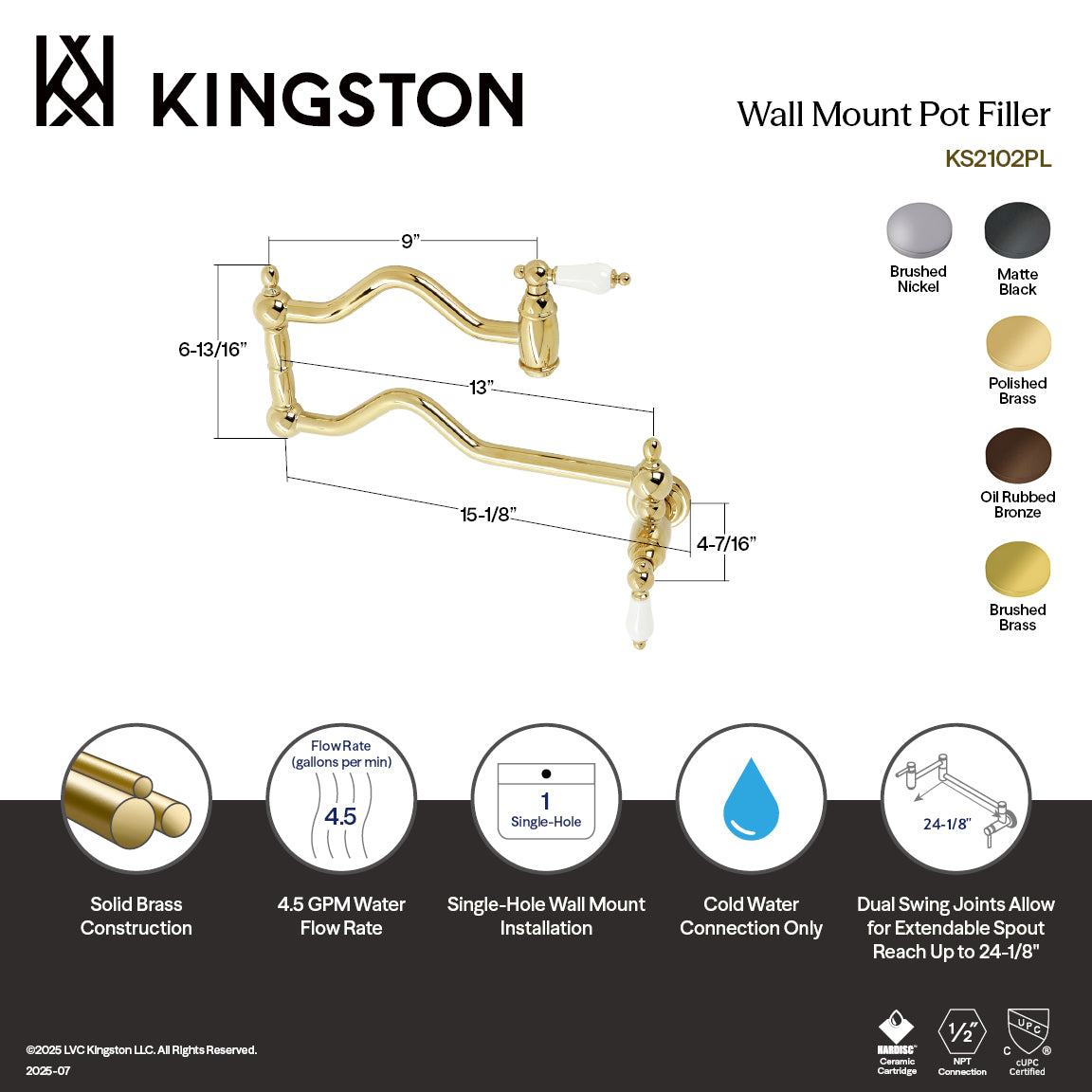 Kingston Brass KS2107PL Heritage Wall Mount Pot Filler Faucet, Brushed Brass, stylish pot filler design with swing arms.