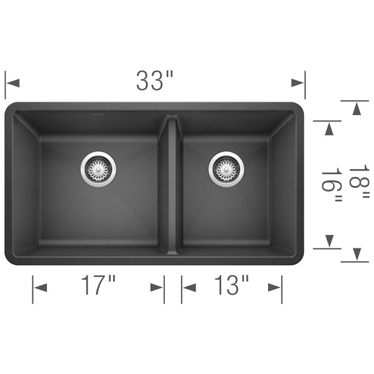 BLANCO Precis SILGRANIT 33" 60/40 Double Bowl Undermount Kitchen Sink dimensions and layout overview.