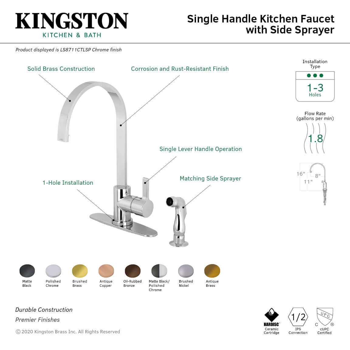 Kingston Brass LS8713CTLSP Continental Kitchen Faucet with Side Sprayer featuring a high-arc gooseneck and single handle operation.