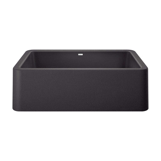 BLANCO Ikon SILGRANIT 33" Single Bowl Apron-Front Farmhouse Sink in stylish black finish.
