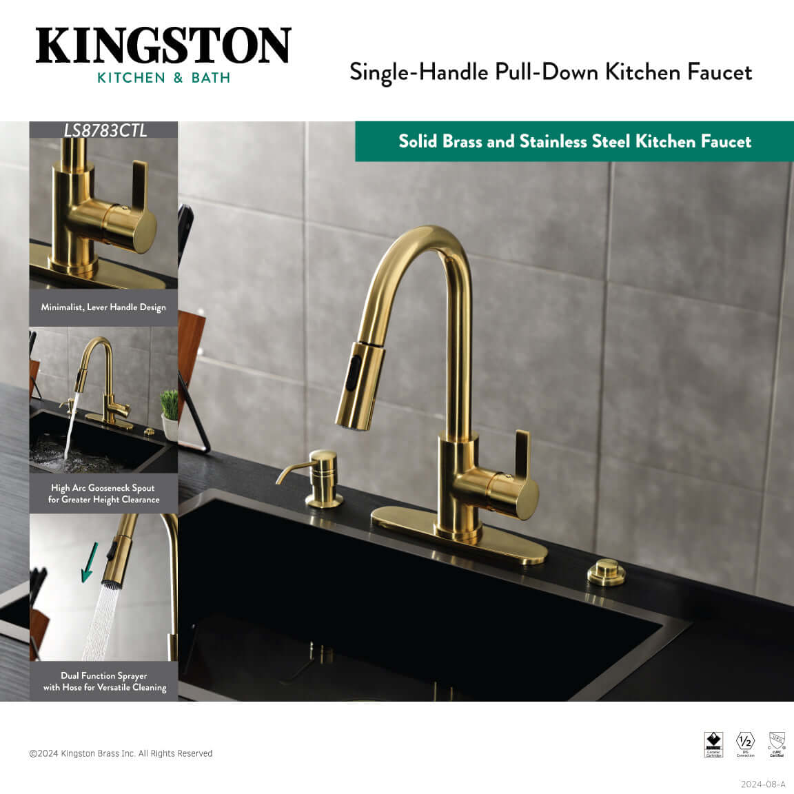 Kingston Brass LS8783CTL Continental Pull-Down Kitchen Faucet with minimalist design from right side view showing spout and handle.