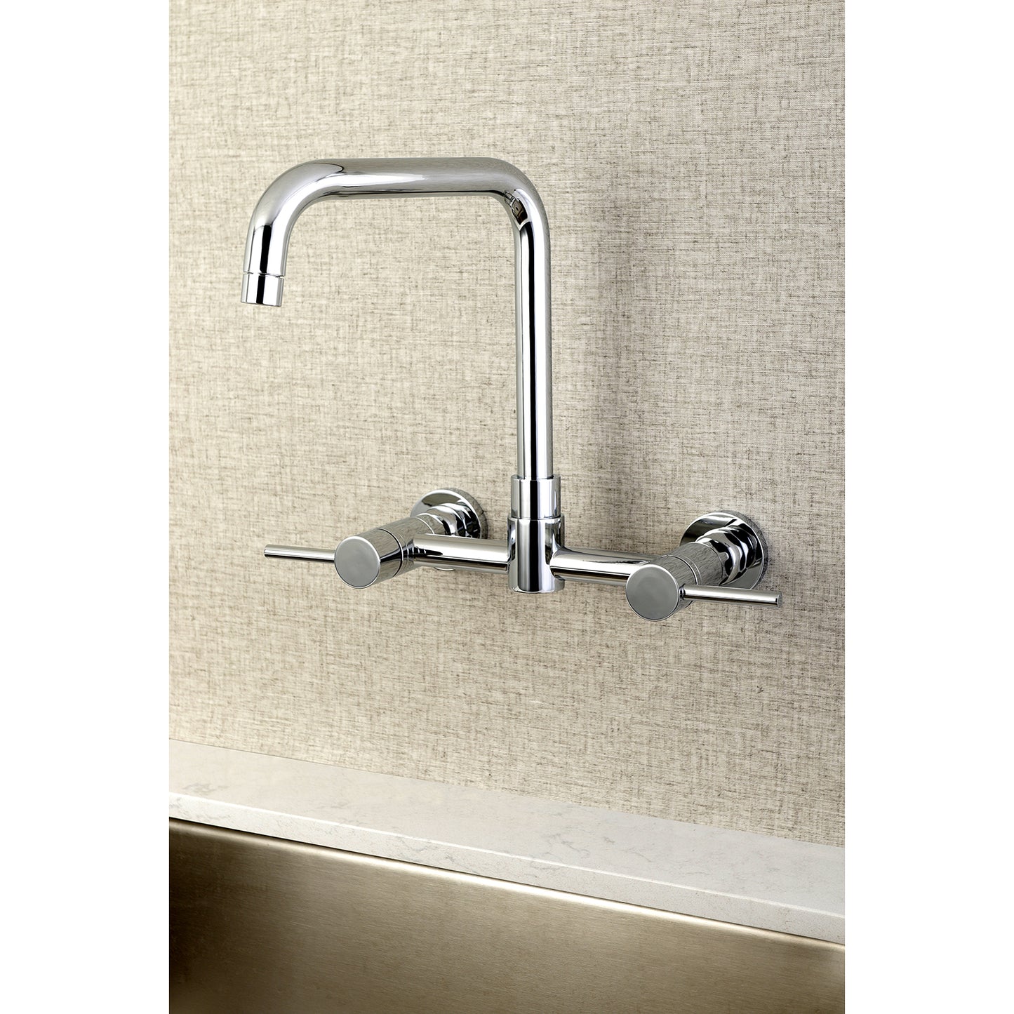 Kingston Brass KS8168DL Concord Wall Mount Bridge Kitchen Faucet in chrome finish, front view showcasing high-arc gooseneck design.