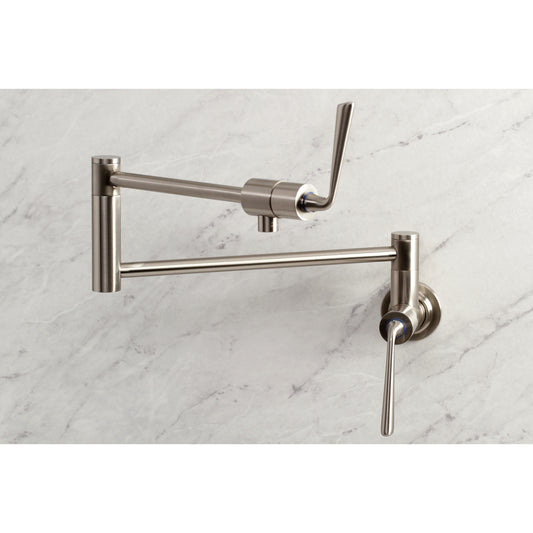 Kingston Brass KS4108ZL Silver Sage Wall Mount Pot Filler Faucet, Brushed Nickel on marble surface.