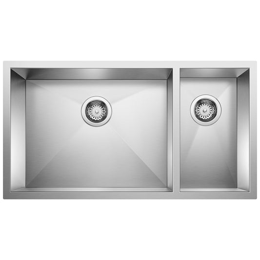 BLANCO Precision R0 33" 70/30 Double Bowl Undermount Stainless Steel Kitchen Sink top view.