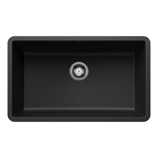BLANCO Precis SILGRANIT 30" Single Bowl Undermount Kitchen Sink in sleek black finish viewed from above.