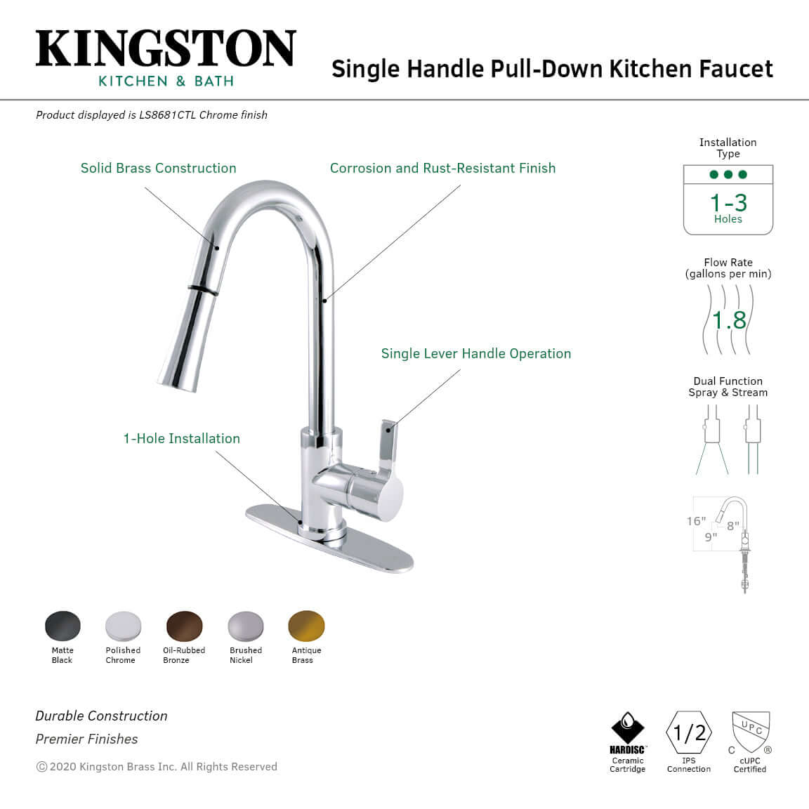 Alt Tag: Kingston Brass LS8688CTL Continental Pull-Down Kitchen Faucet with single lever operation and a sleek curved design.