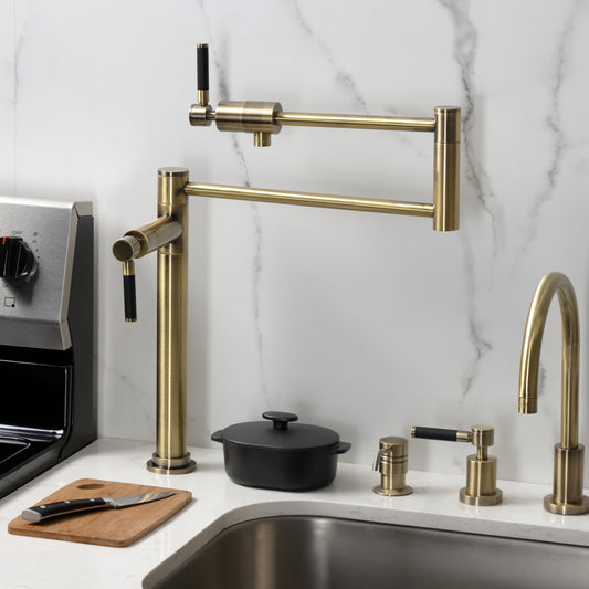 Kingston Brass KS4703DKL Kaiser Deck Mount Pot Filler Faucet, Antique Brass installed in a modern kitchen setting.