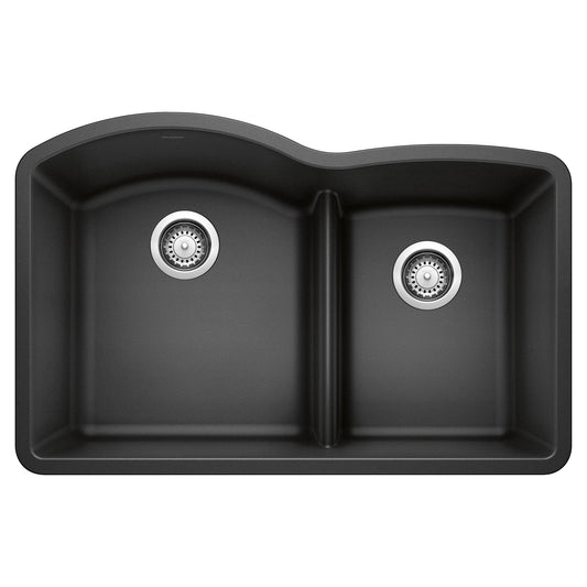BLANCO Diamond SILGRANIT 32" 60/40 Double Bowl Undermount Kitchen Sink with Low Divide, showcasing dual basins and a stylish design.