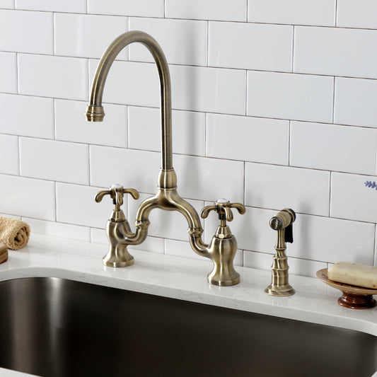 Kingston KS7793TXBS French Country Bridge Kitchen Faucet with Brass Sprayer, Antique Brass.
