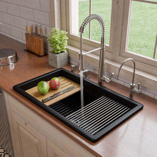 Alfi 32" Dual Mount Fireclay Workstation Kitchen Sink - ABFS3219SUD with bamboo cutting board and apples
