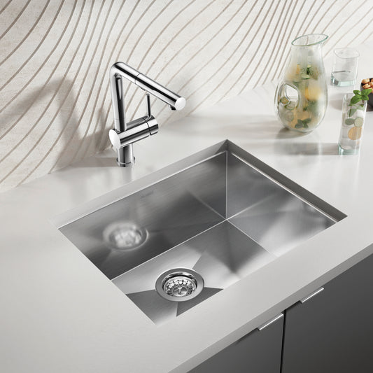 BLANCO Quatrus R0 22" Single Bowl Undermount Stainless Steel Kitchen Sink with modern faucet in stylish kitchen.