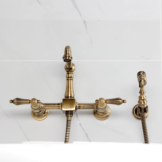 Kingston KS2443ALBS Heritage Two-Handle Wall Mount Bridge Kitchen Faucet with Brass Sprayer, Antique Brass