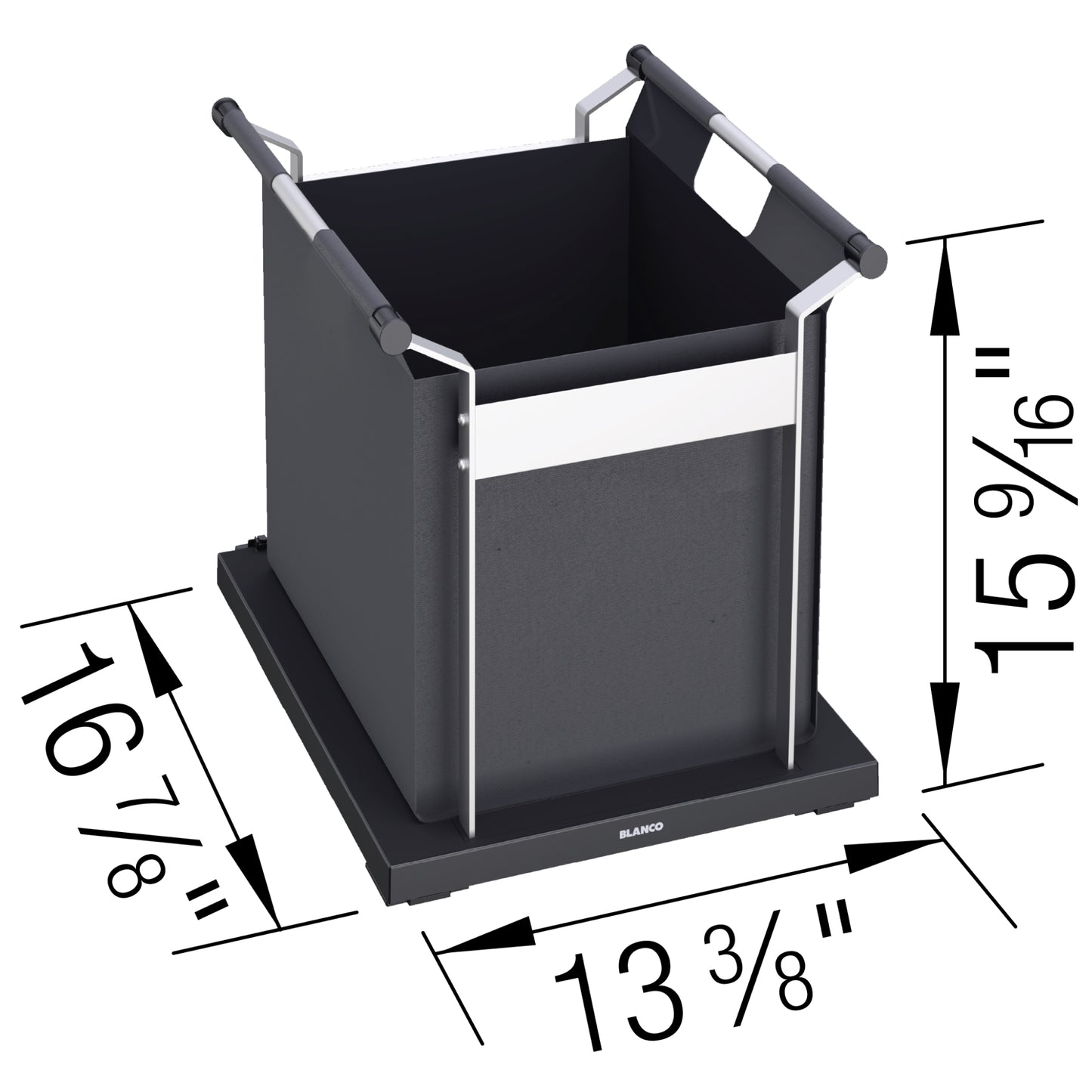 BLANCO Universal Storage Bag XL with aluminum frame and PVC-lined bag for under-sink organization.