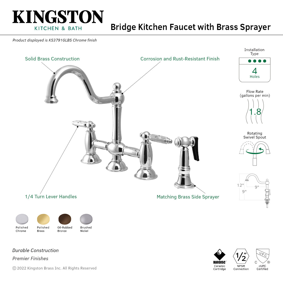 Kingston KS3798GLBS Restoration Bridge Kitchen Faucet with Brass Sprayer, Brushed Nickel design features a brass side sprayer.