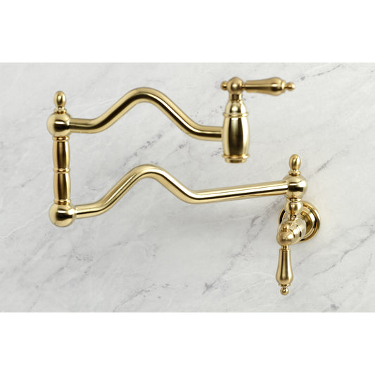 Kingston Brass KS2107AL Heritage Wall Mount Pot Filler Faucet, Brushed Brass on marble surface.