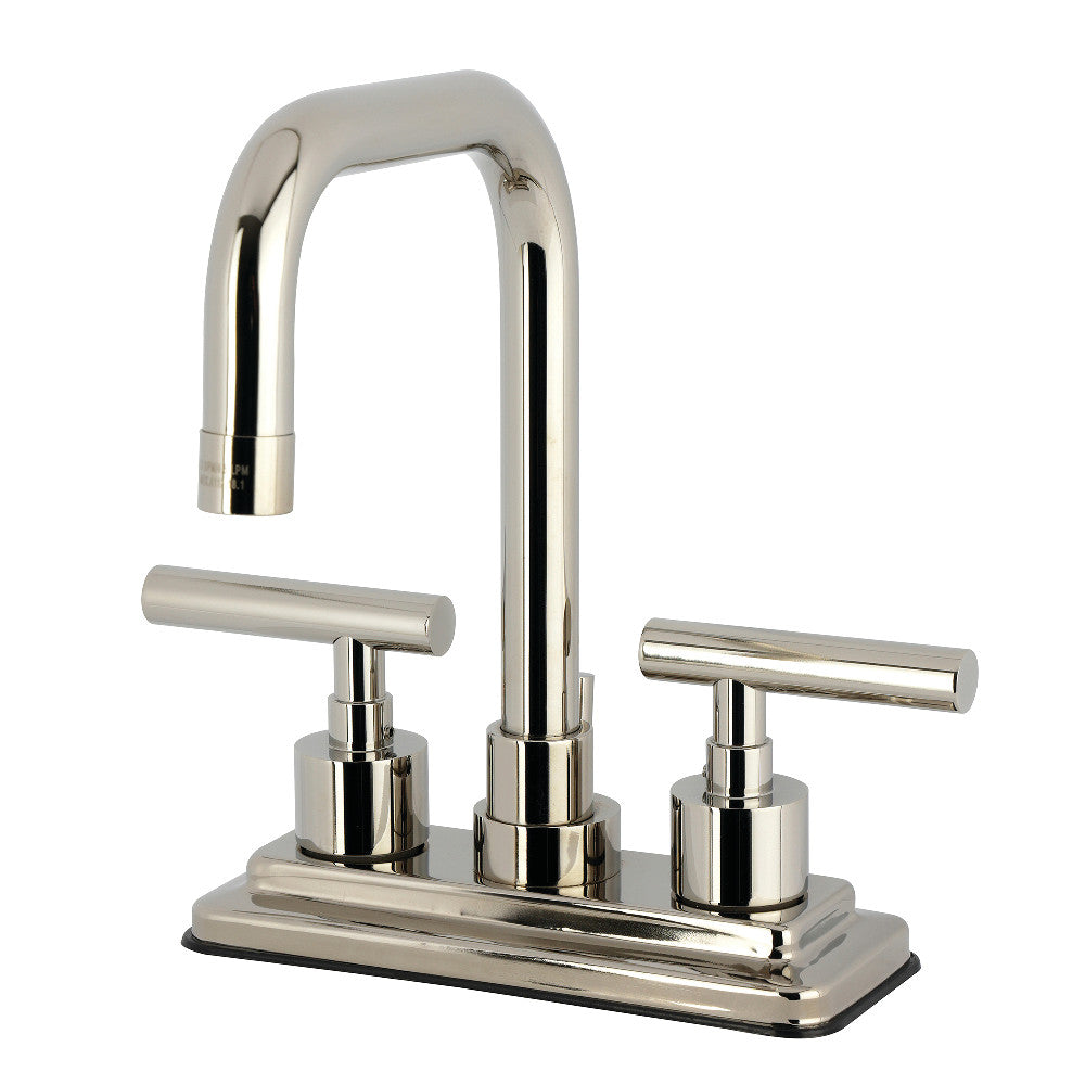 Kingston Brass KS6643CML Manhattan Centerset Bathroom Faucet angled view with high-arc gooseneck design and lever handles.