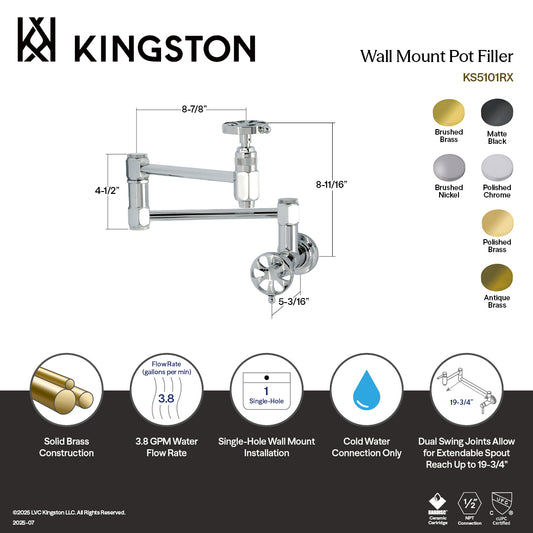 Kingston Brass KS5103RX Belknap Wall Mount Pot Filler Faucet, Antique Brass specifications and features diagram.