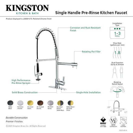 Gourmetier LS8503CTL Continental Single-Handle Deck-Mount Pre-Rinse Kitchen Faucet with Pot Filler, Brushed Brass image with features and specifications.