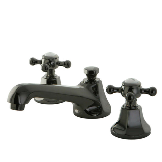 Kingston Brass NS4460BX Water Onyx Widespread Bathroom Faucet from front view with traditional cross handles.