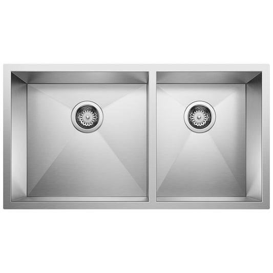 BLANCO Precision R0 33" 60/40 Double Bowl Undermount Stainless Steel Kitchen Sink top view with modern design.
