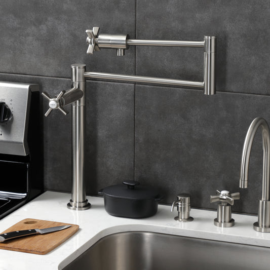 Kingston Brass KS4708ZX Millennium Deck Mount Pot Filler Faucet, Brushed Nickel close-up in modern kitchen setting.