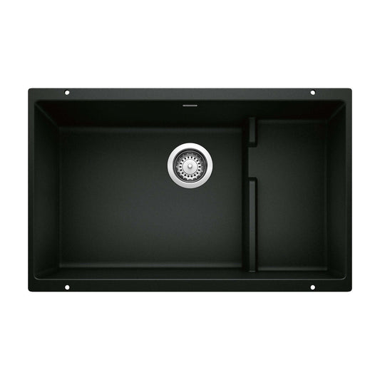 BLANCO Precis Cascade SILGRANIT 29" Single Bowl Undermount Kitchen Sink with Colander in coal black design.