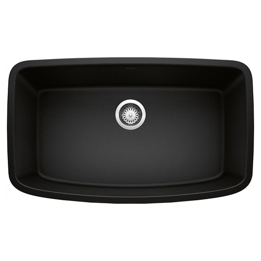 BLANCO Valea SILGRANIT 32" Super Single Undermount Kitchen Sink top view with drain. Spacious design for efficient kitchen work.