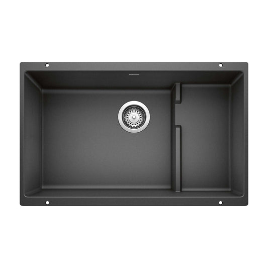 BLANCO Precis Cascade SILGRANIT 29" Single Bowl Undermount Kitchen Sink with Colander in Anthracite color.