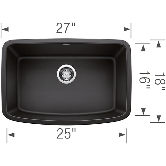 BLANCO Valea SILGRANIT 27" Single Bowl Undermount Kitchen Sink top view with dimensions 27" x 25".