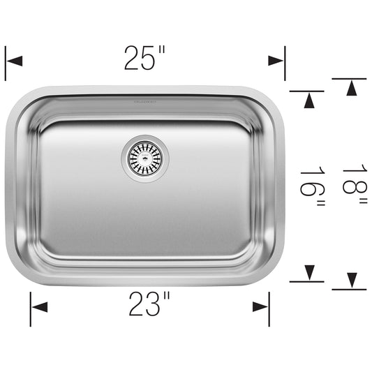BLANCO Stellar 25" Single Bowl Undermount Stainless Steel Kitchen Sink dimensions showing 25-inch length and 23-inch basin.