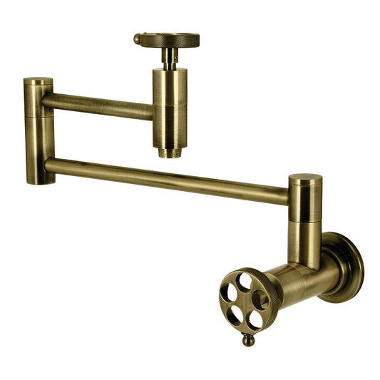 Kingston Brass KS8103RKZ Wendell Wall Mount Pot Filler Faucet with Knurled Handle, Antique Brass on white background