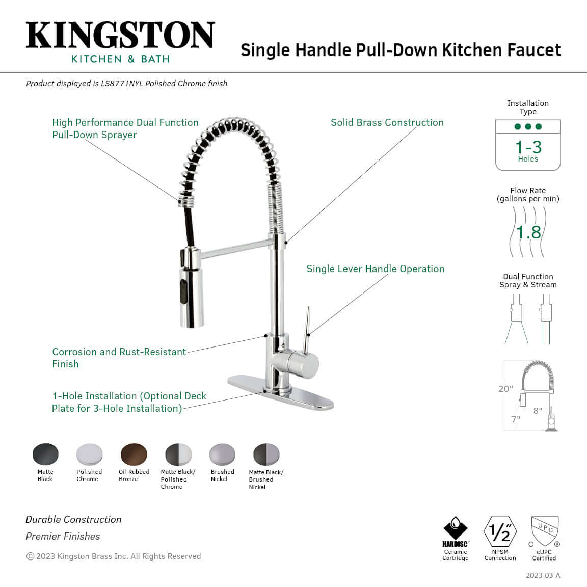 Kingston Brass LS8778NYL New York Pre-Rinse Kitchen Faucet right side view with pull-down sprayer and single lever handle.