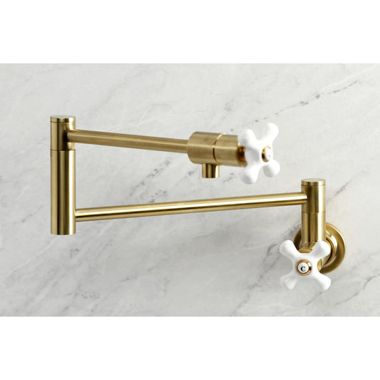 Kingston Brass KS4107PX Metropolitan Wall Mount Pot Filler Faucet, Brushed Brass close-up image with swing arms
