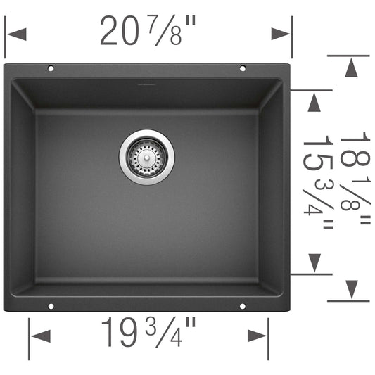 BLANCO Precis SILGRANIT 21" Single Bowl Undermount Kitchen Sink dimensions showing compact and functional design.